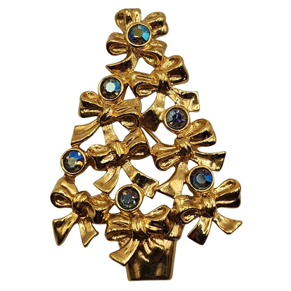 Vintage Avon Signed Gold Christmas Tree Brooch Blue AB Rhinestones Holiday Pin - Picture 2 of 5